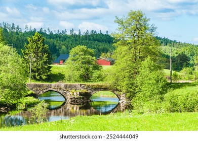 A scenic view showcasing a historic stone bridge crossing a calm river. Verdant trees surround the area, while traditional red buildings add charm under a bright summer sky. - Powered by Shutterstock