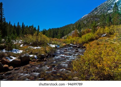 Scenic View Of Sierra Nevada Mountain Range Fall Foliage Landscape.