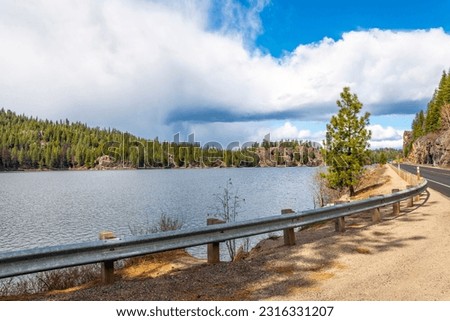 Scenic view of the small Davis Lake in the Colville National Forest in Pend Oreille county, northeastern Washington State, US that runs alongside Hwy 211.