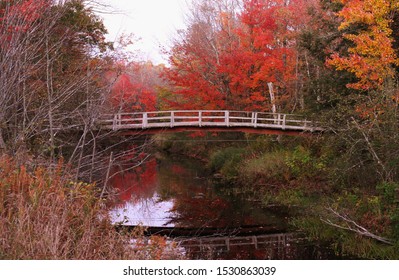 Scenic View Of A Snowmobile Bridge Over A River With Autumn Foliage In The Background. Maine USA