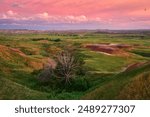 A scenic view of South Dakota Badlands with green fields at sunset