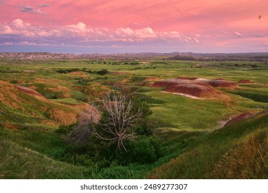 A scenic view of South Dakota Badlands with green fields at sunset - Powered by Shutterstock