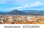 Scenic View of the Spanish Cities of Elda and Petrer and surrounding mountain ranges Twin Cities within the Alicante Region of Spain cira 2016