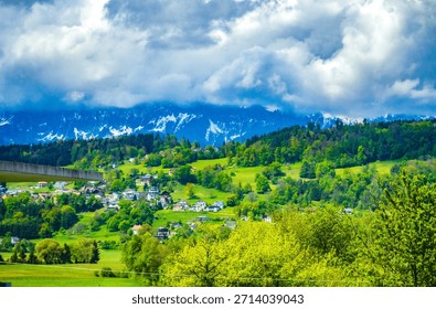 Scenic view spring cloudy day countryside scenery  as seen from E60 European route,S16 Motorway, in the westernmost Austrian state of Vorarlberg cloudy spring day.May 3 2017