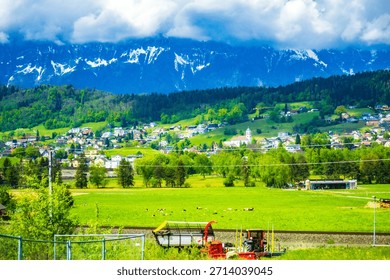 Scenic view spring cloudy day countryside scenery  as seen from E60 European route,S16 Motorway, in the westernmost Austrian state of Vorarlberg cloudy spring day.May 3 2017
