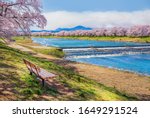 Scenic view of Thousands Cherry Blossom Trees along Shiroishi River near Funaoka Caslte Ruins Park in Spring, Miyagi, Sendai