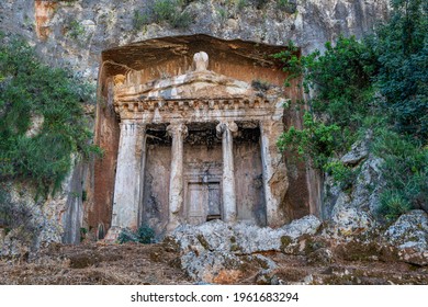 The scenic view of The Tomb of Amyntas, also known as the Fethiye Tomb, is an ancient Greek rock-hewn tomb at ancient Telmessos, in Lycia, currently in the district of Fethiye in Muğla.