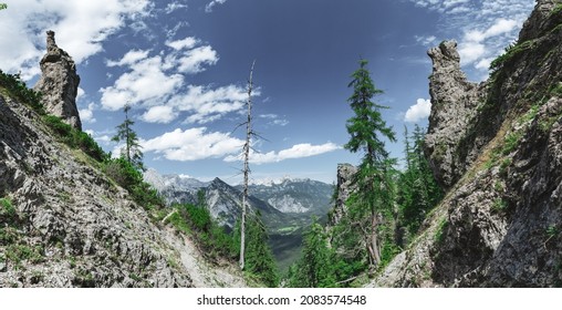 Scenic view of Totes Gebirge mountainrange with dolomite monoliths in Upper Austrian at the Dolomite path.