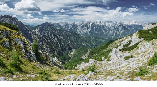 Scenic view of Totes Gebirge mountainrange with stodertal valley in Upper Austrian Limestone Alps in summer. Shot taken from Schrocken summit.
