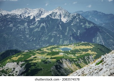 Scenic view of Totes Gebirge mountainrange with Hinterstoder Ski Area in summer. Shot taken from Schrocken summit.