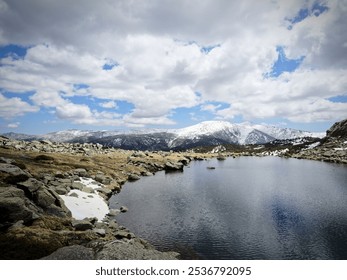 A scenic view of a tranquil mountain lake with snow-capped peaks and a partly cloudy sky - Powered by Shutterstock