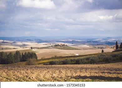 Scenic view of Tuscan countryside. Beautiful autumn landscape. Monteroni d'Arbia, Siena, Italy