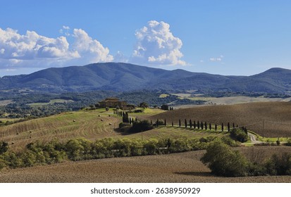 A scenic view of a Tuscan landscape with rolling hills, cypress trees, and a farmhouse under a blue sky with fluffy clouds. - Powered by Shutterstock - Get 15% off with code: PIKWIZARD15