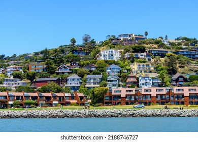 Scenic view of an upscale residential waterfront neighborhood in Tiburon from Raccoon Strait in San Francisco Bay, California