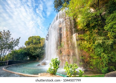 Scenic view of waterfall of Castle Hill in Nice. Cote d'Azur, France