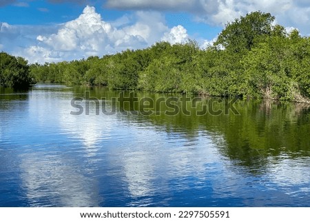 Scenic view of Wilderness Waterway or Flamingo Canal, Florida, USA against blue sky with clouds