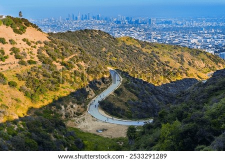 Scenic view of winding path in Runyon Canyon, revealing lush hills and vibrant skyline of Los Angeles in the background.