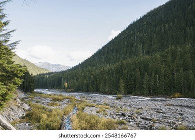 A scenic view of a winding rocky river flowing through a lush, green valley surrounded by snow-capped mountains. - Powered by Shutterstock