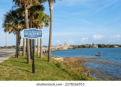 Scenic view of Woods Memorial Bridge with a welcome to Beaufort, South Carolina sign. - Shutterstock ID 2278266951