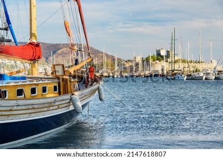 Scenic view of yachts moored in Milta Bodrum Marina. The port city is a popular tourist destination in the Turkish Riviera.