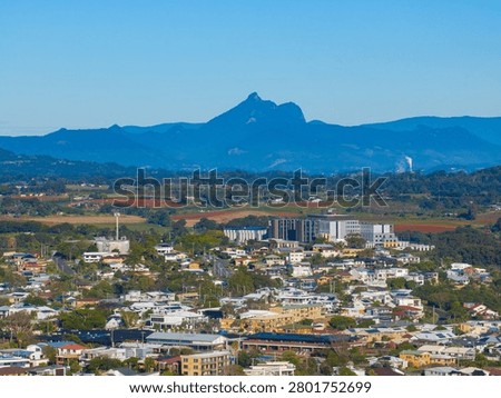 Scenic views of Mount Warning in the background and Tweed Vally hospital in the mid ground, Tweed Heads, New South Wales, Australia