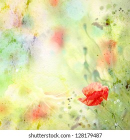 Scenic Watercolor Background, Floral Composition