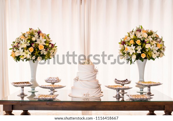 Scenic Wedding Cake On Candy Table Stock Photo Edit Now 1116418667