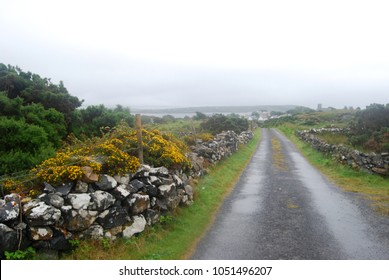 Scenic Wet Irish Country Road In Connemara, Galway County