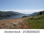 Scenic wide and high angle view on the Columbia river gorge valley from the Rowena crest viewpoint in Oregon