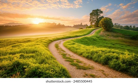 Scenic winding path through a field of green grass at sunset - Powered by Shutterstock