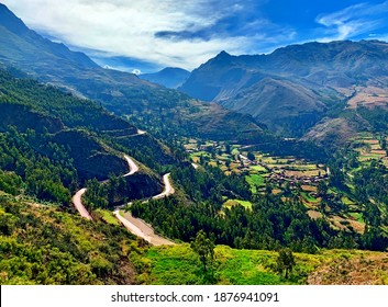 Scenic winding roads to Sacred Valley Incas Urubamba Peru majestic Andes mountains at summer season. Idyllic landscape of South America, spectacular views of beautiful peaceful nature Cuzco region.