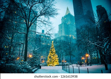 Scenic Winter Evening View Of The Glowing Lights Of A Christmas Tree Surrounded By The Skyscrapers Of Midtown Manhattan In Madison Square Park, New York City