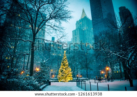 Scenic winter evening view of the glowing lights of a Christmas tree surrounded by the skyscrapers of Midtown Manhattan in Madison Square Park, New York City
