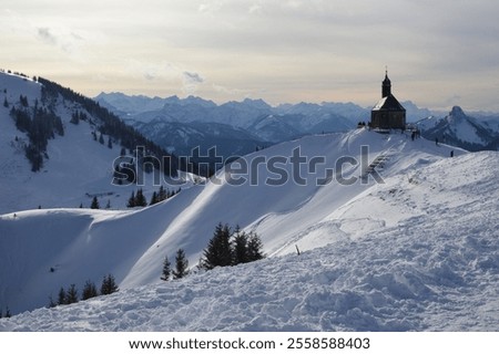 Similar – Foto Bild Kapelle auf schneebedecktem Berg zur goldenen Stunde bei Sonnenaufgang