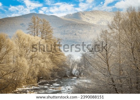 Scenic winter landscape with snow-covered trees, a flowing river, and distant mountains under a blue sky.