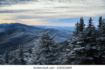 Scenic Winter Mountains Landscape. Pine Trees Covered With Snow. Stowe, Vermont.