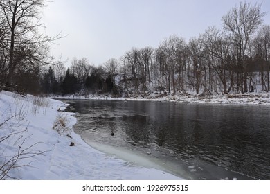 Scenic Winter View Of The Thames River At Komoka Provincial Park In Ontario, Canada