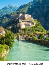 The scenographic Fort Bard in Aosta Valley, northern Italy, on a sunny summer day.
