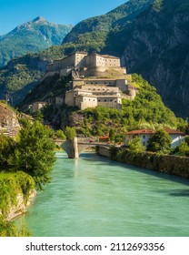 The scenographic Fort Bard in Aosta Valley, northern Italy, on a sunny summer day.