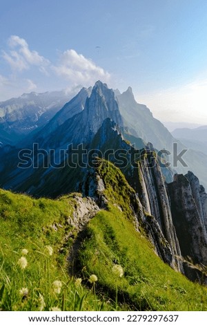 Schaeffler mountain ridge swiss Alpstein, Appenzell Switzerland, a ridge of the majestic Schaeffler peak by Berggasthaus Schafler, 