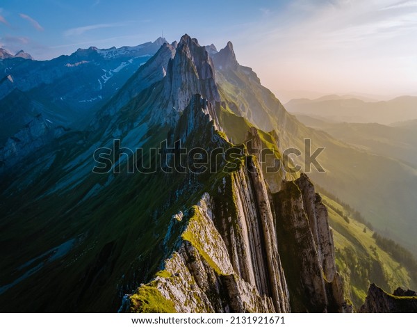 Schaefler Altenalptuerme mountain ridge swiss\
Alpstein alpine Appenzell Innerrhoden Switzerland, a steep ridge of\
the majestic Schaefler peak in the Alpstein mountain range\
Appenzell, Switzerland\
with