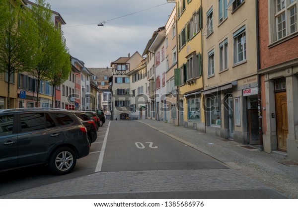 Schaffhausen, SH / Switzerland - 22 April,\
2019: limted parking spaces and parking problems in the old town of\
Schaffhausen
