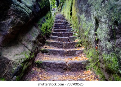 Schauenstein Castle is a rock castle near Hohenleipa in the Bohemian Switzerland in the Czech Republic. This is the stairway to the top through a rock tunnel.