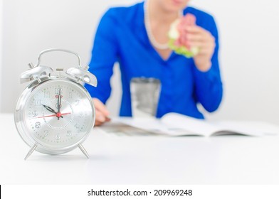 Schedule Of The Day. Morning. Woman Having Breakfast.