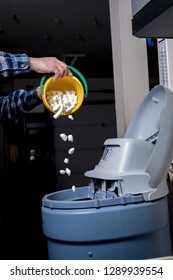 Scheduled salt is added to a water softener as maintenance determines