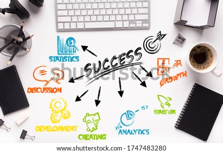 Schematic idea and features of success on white office table with stationery, morning coffee and keyboard, cellphone with blank screen