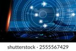 A schematic of a radar system tracking multiple flights simultaneously, showing the flight paths and flight codes on a dark blue background.