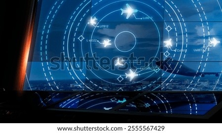 A schematic of a radar system tracking multiple flights simultaneously, showing the flight paths and flight codes on a dark blue background.
