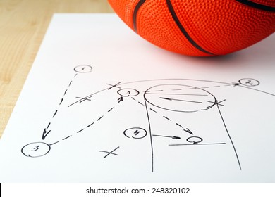 Scheme basketball game on sheet of paper with basketball on wooden table background - Powered by Shutterstock