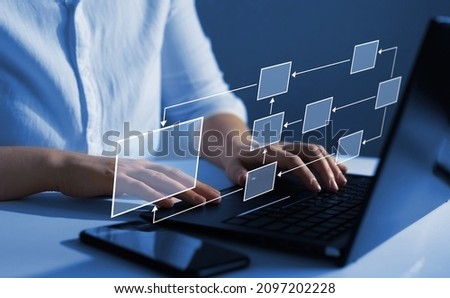 Scheme of hierarchy management of corporate and processing management. Business process and workflow automation with flowchart. 